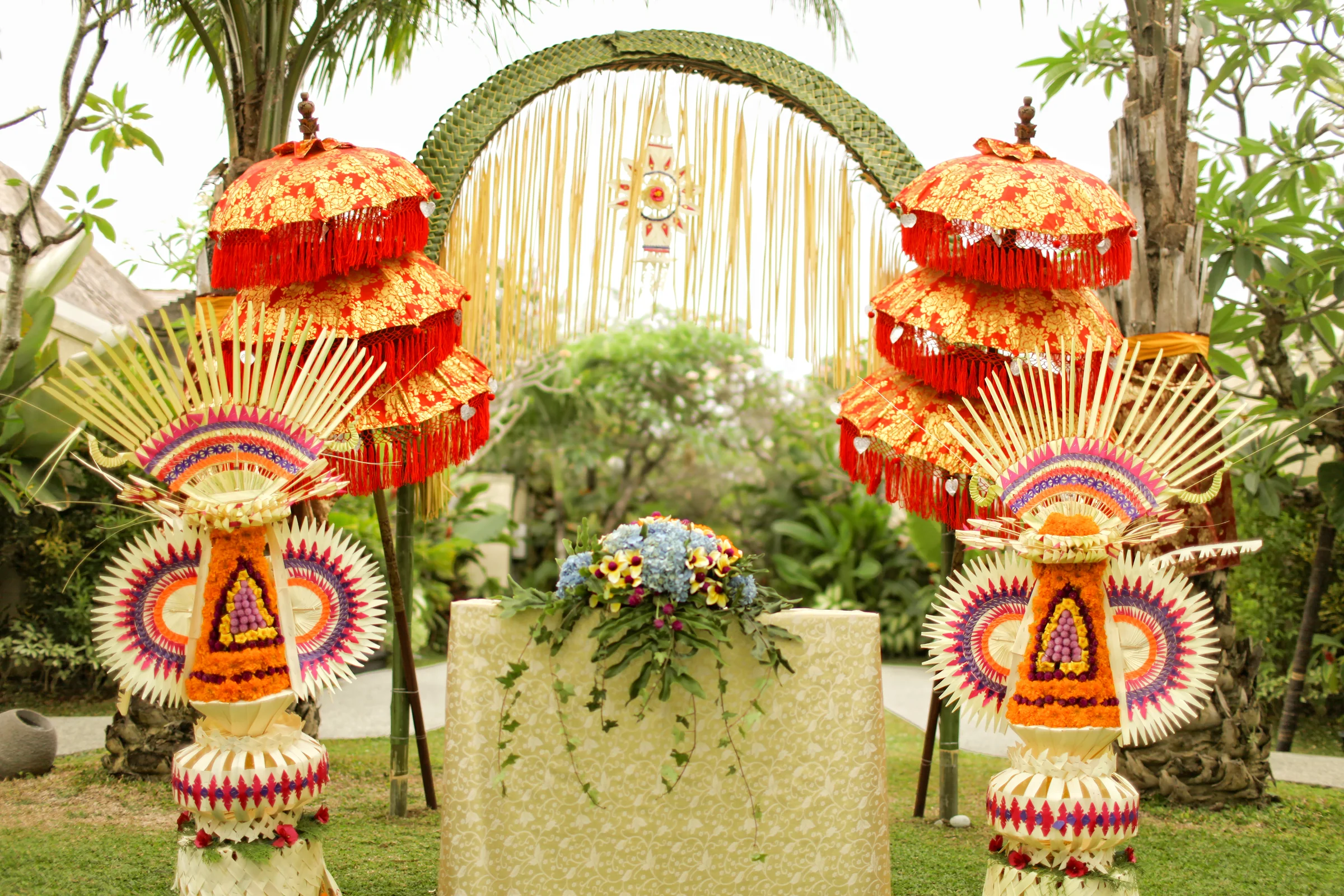 An intimate Balinese wedding setting in the garden at Mahagiri Villas Sanur